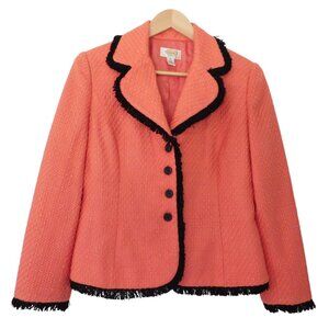 Talbots Coral Tweed Blazer with Black Fringe Trim